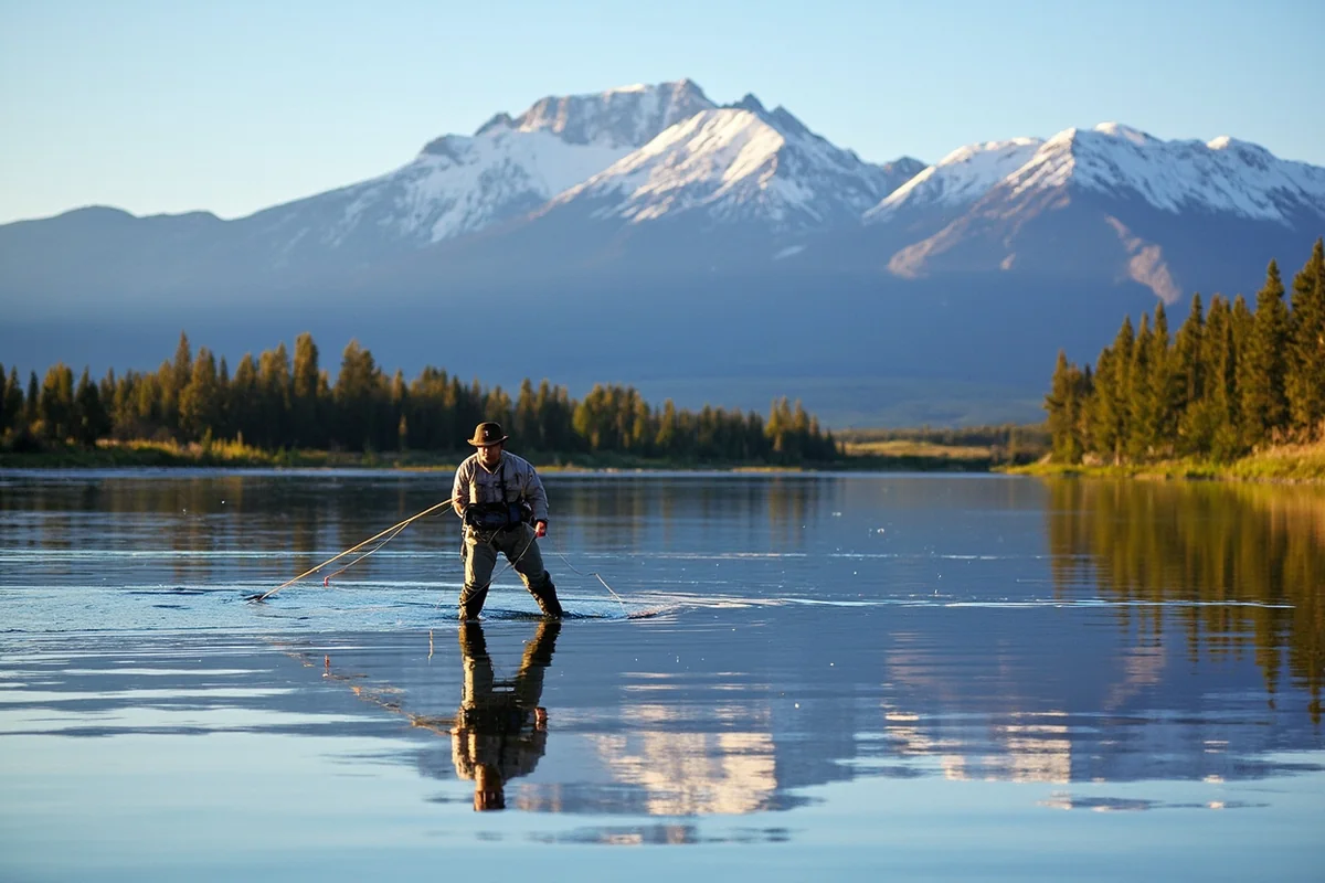 Fly fisherman wading the Madison River near Ennis, Montana, with the Madison Range reflected in the water