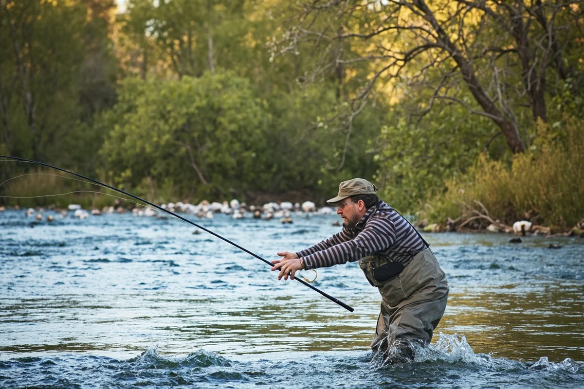 Fly fisherman wading the Yellowstone River near Sidney Montana with cottonwood trees lining the banks