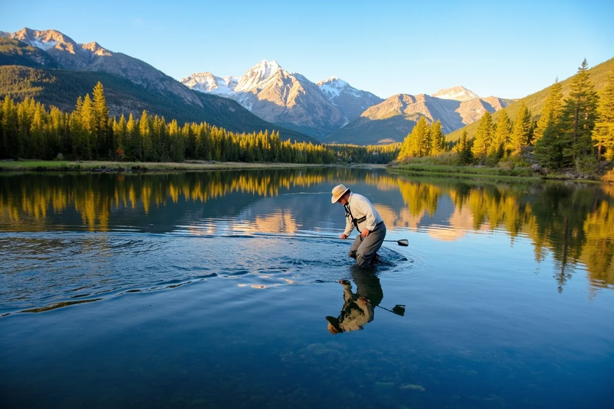 Fly fishing on the Clark Fork River in Mineral County with forested mountains reflected in the water