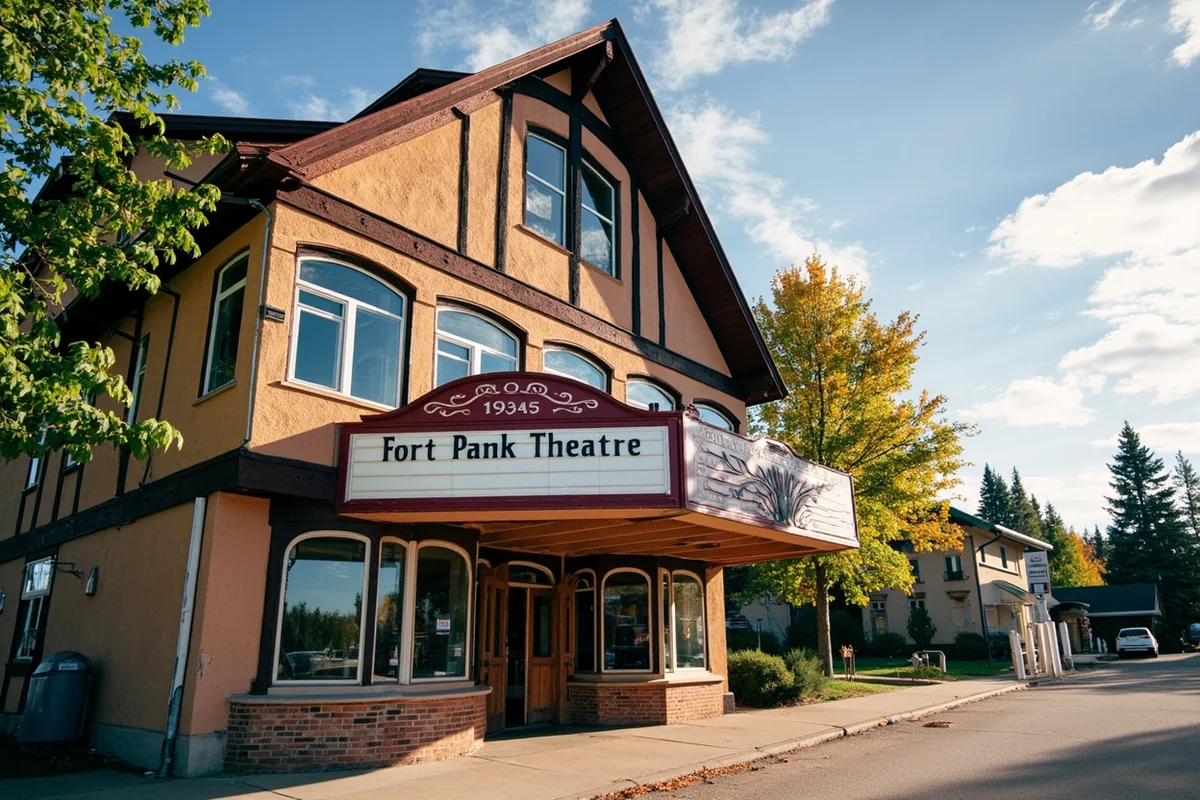 Fort Peck Theatre exterior showing the historic 1934 Swiss chalet-style building with summer signage