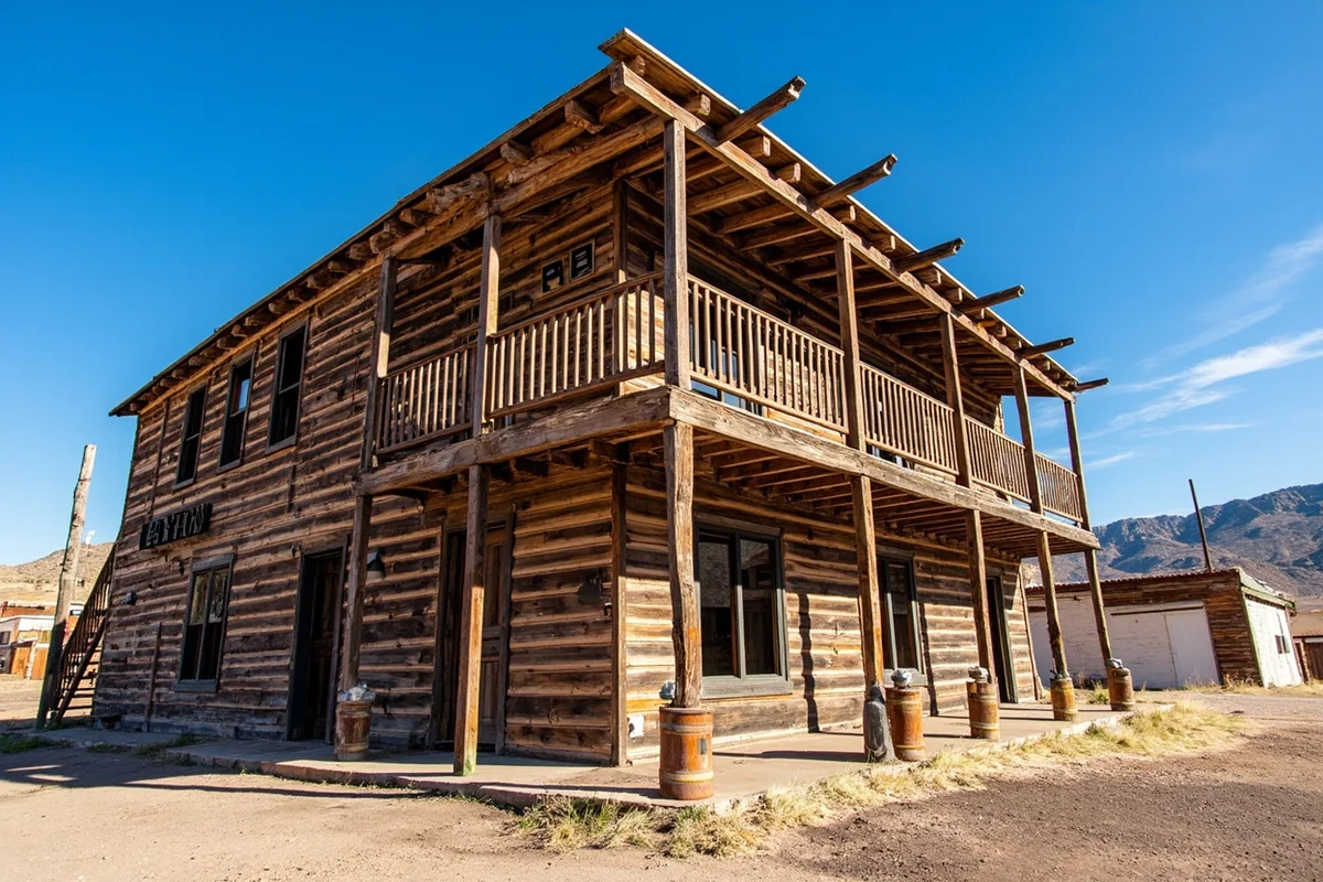 Fraternity Hall at Elkhorn Ghost Town, showing weathered multi-storey wooden building against blue sky