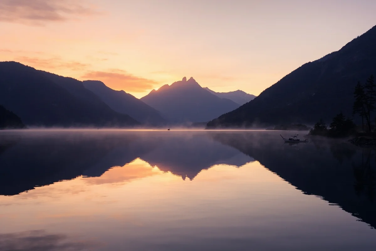 Georgetown Lake at sunrise with mountain reflections and fishing boat on calm water