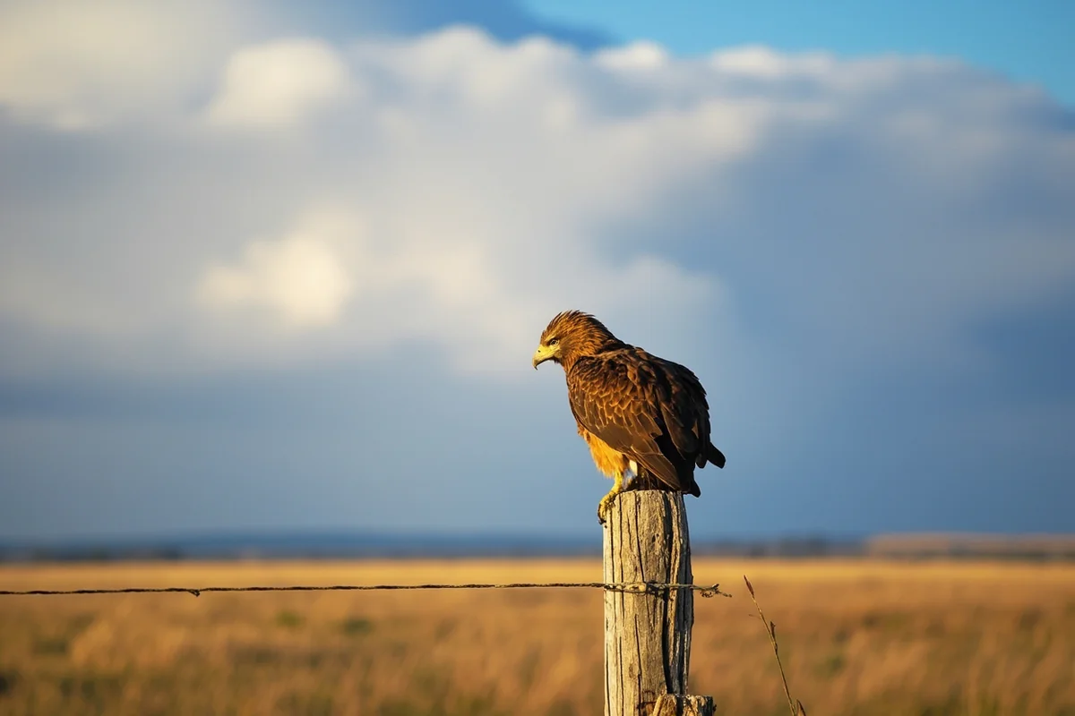 Golden eagle perched on a fence post in Prairie County, Montana, with open grassland and dramatic sky in the background