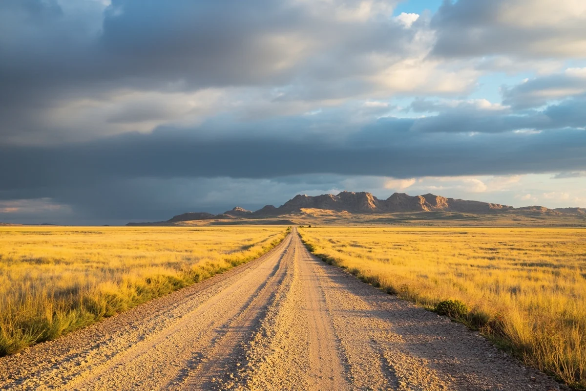 Gravel road cutting through golden Montana prairie in McCone County, with badland formations visible in the distance and a dramatic cloudscape overhea