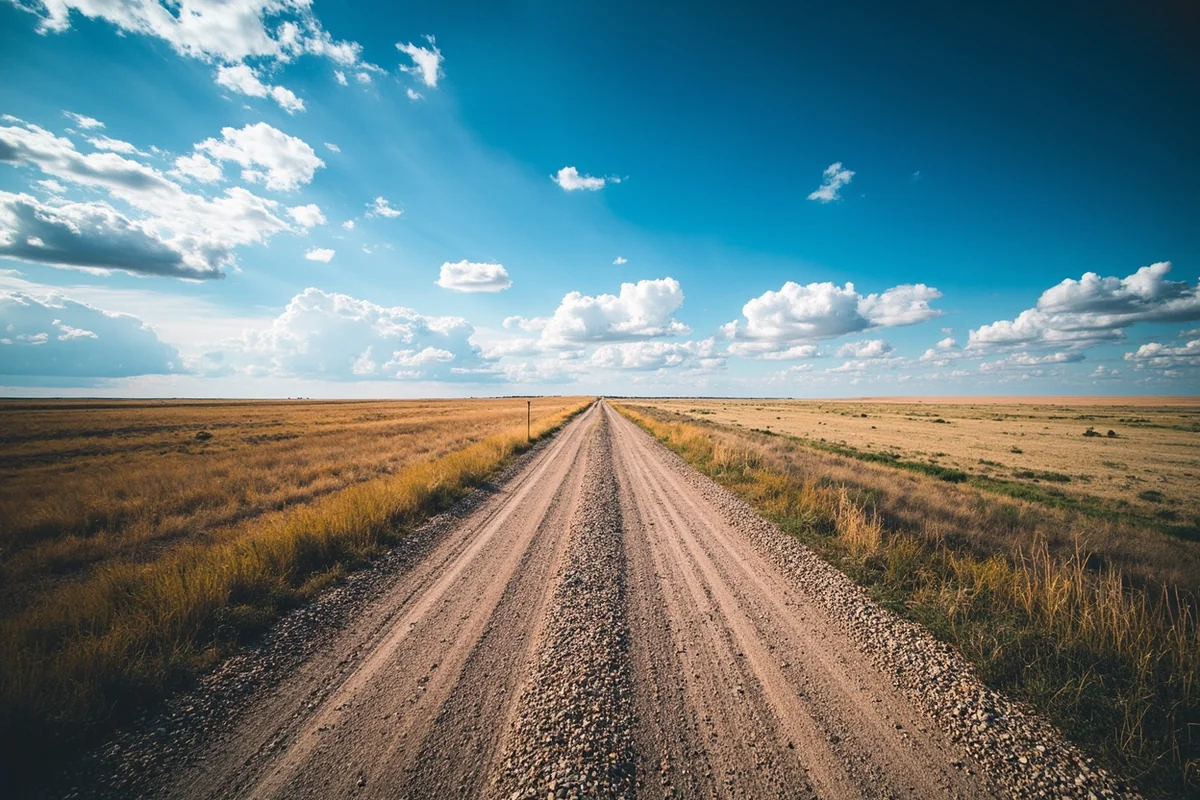 Gravel road cutting through Montana Hi-Line prairie with blue sky and scattered clouds