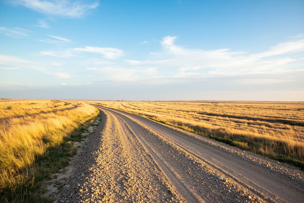 Gravel road leading to Rosebud Battlefield State Park, prairie grasses on either side under a wide Montana sky