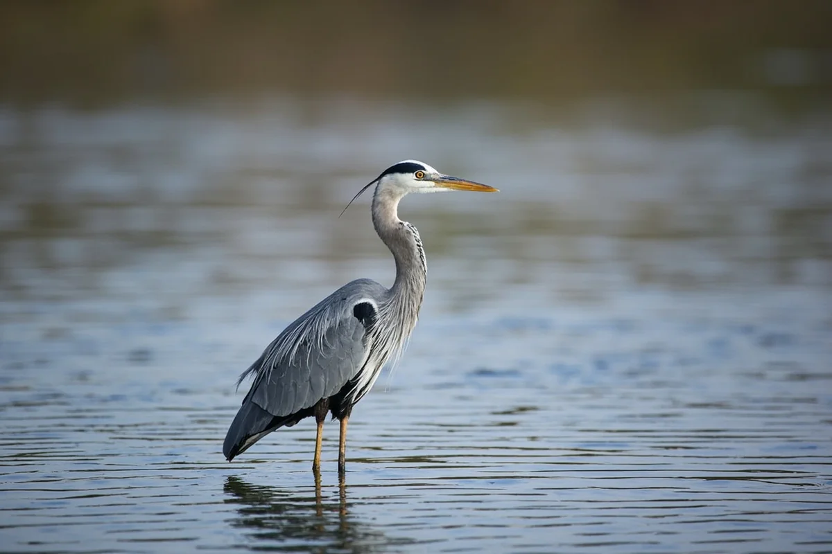 Great blue heron standing in shallow water along the Yellowstone River in Richland County Montana