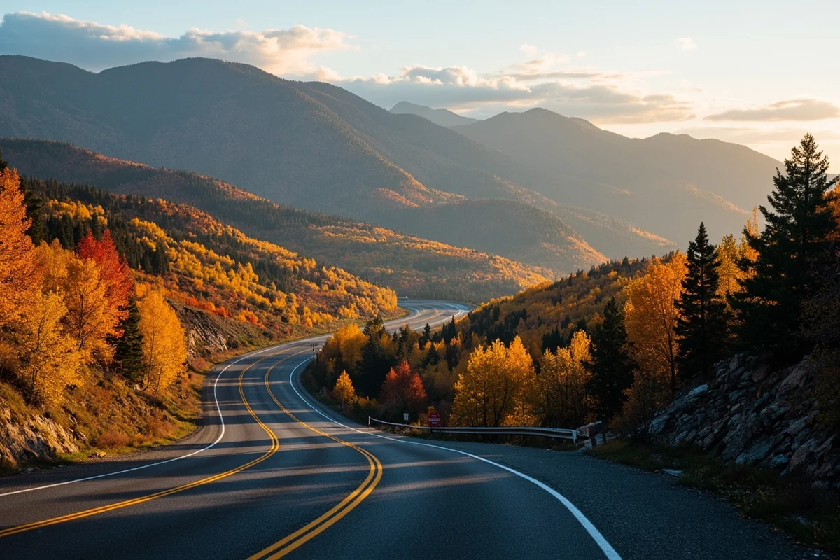 Highway 1 winding through the Flint Creek Mountains with fall colors
