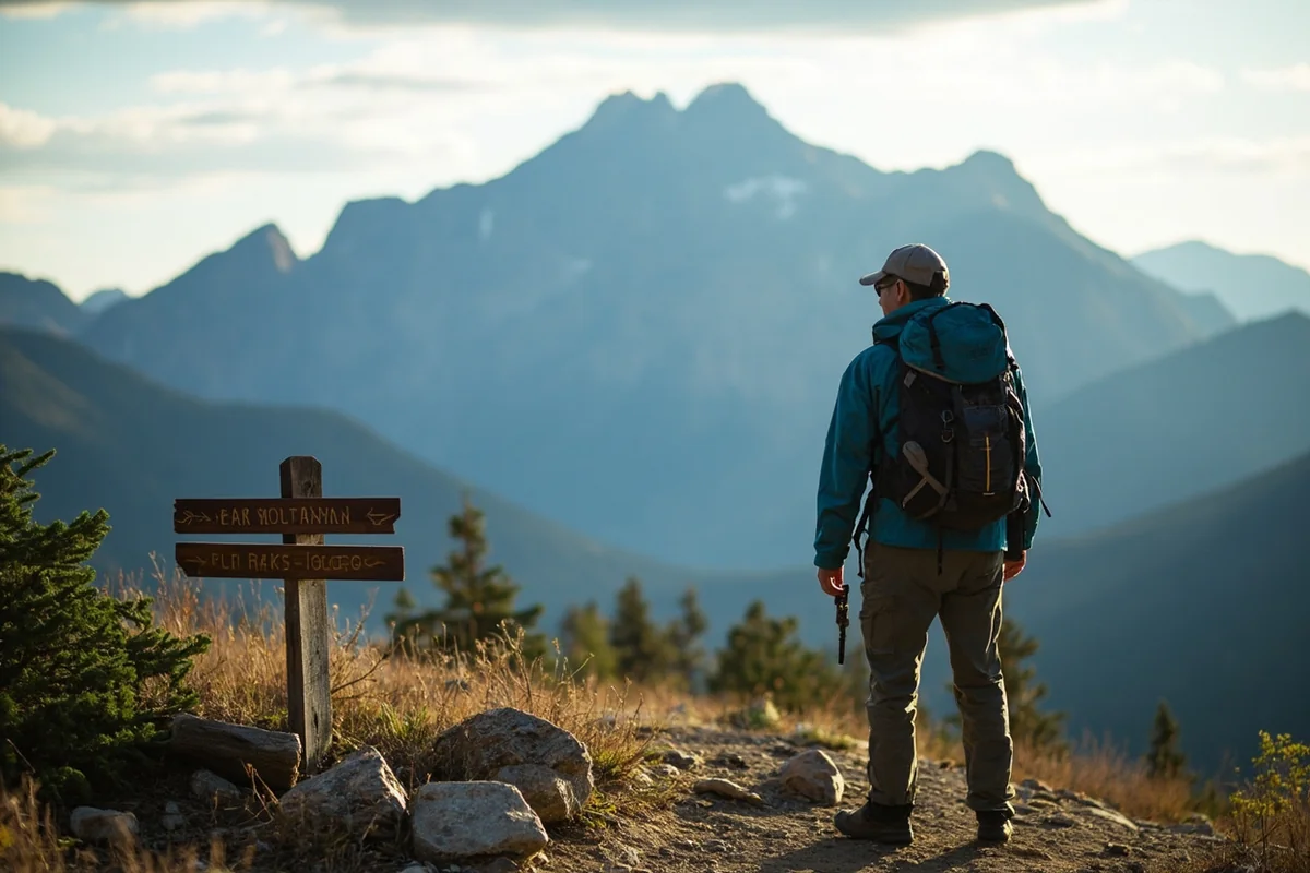 Hiker standing at Ear Mountain trailhead with the Rocky Mountain Front rising dramatically behind