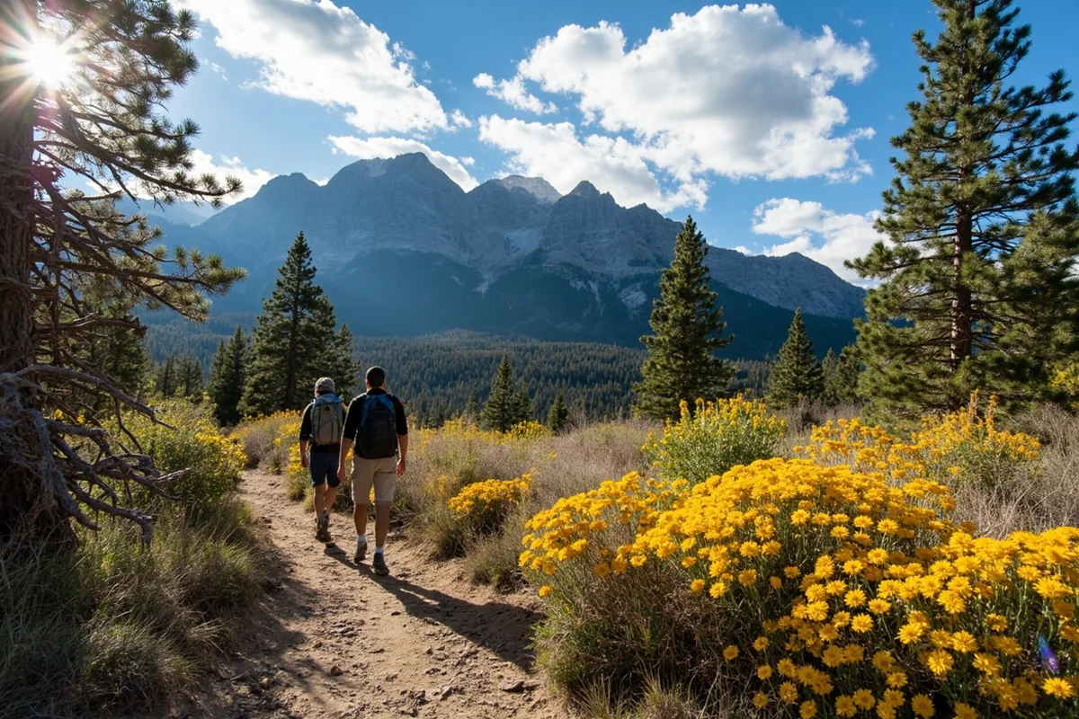 Hikers on a trail in the Lee Metcalf Wilderness with the Spanish Peaks visible in the background