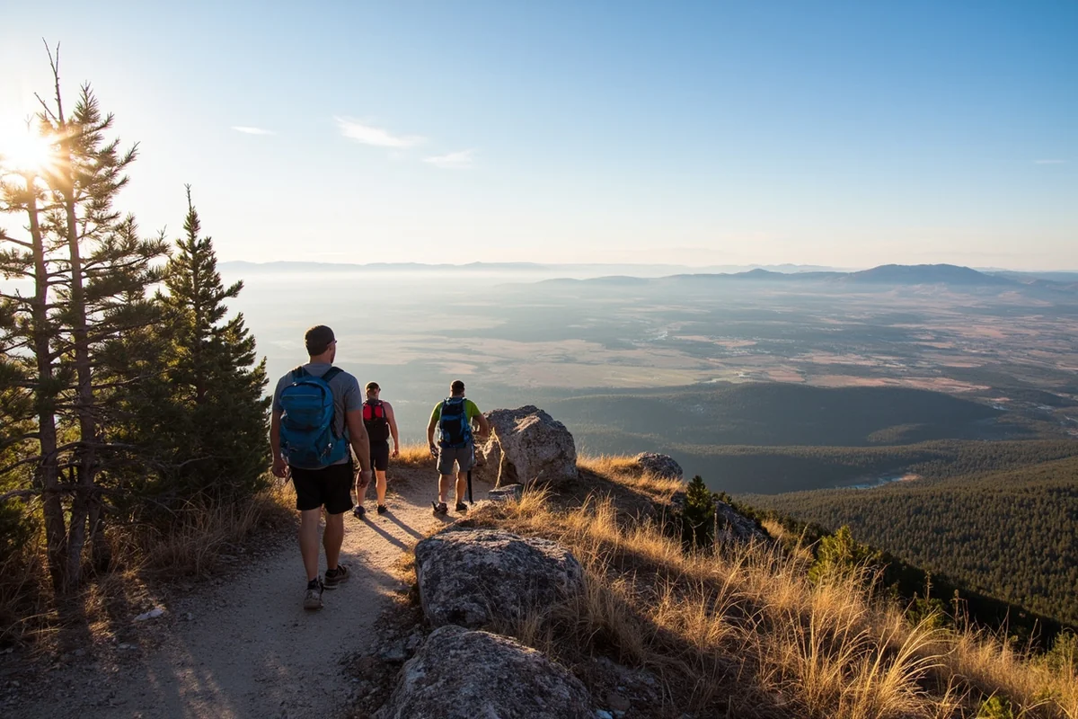 Hikers on the Rimrock Trail above Billings with panoramic views of the Yellowstone Valley stretching to the horizon