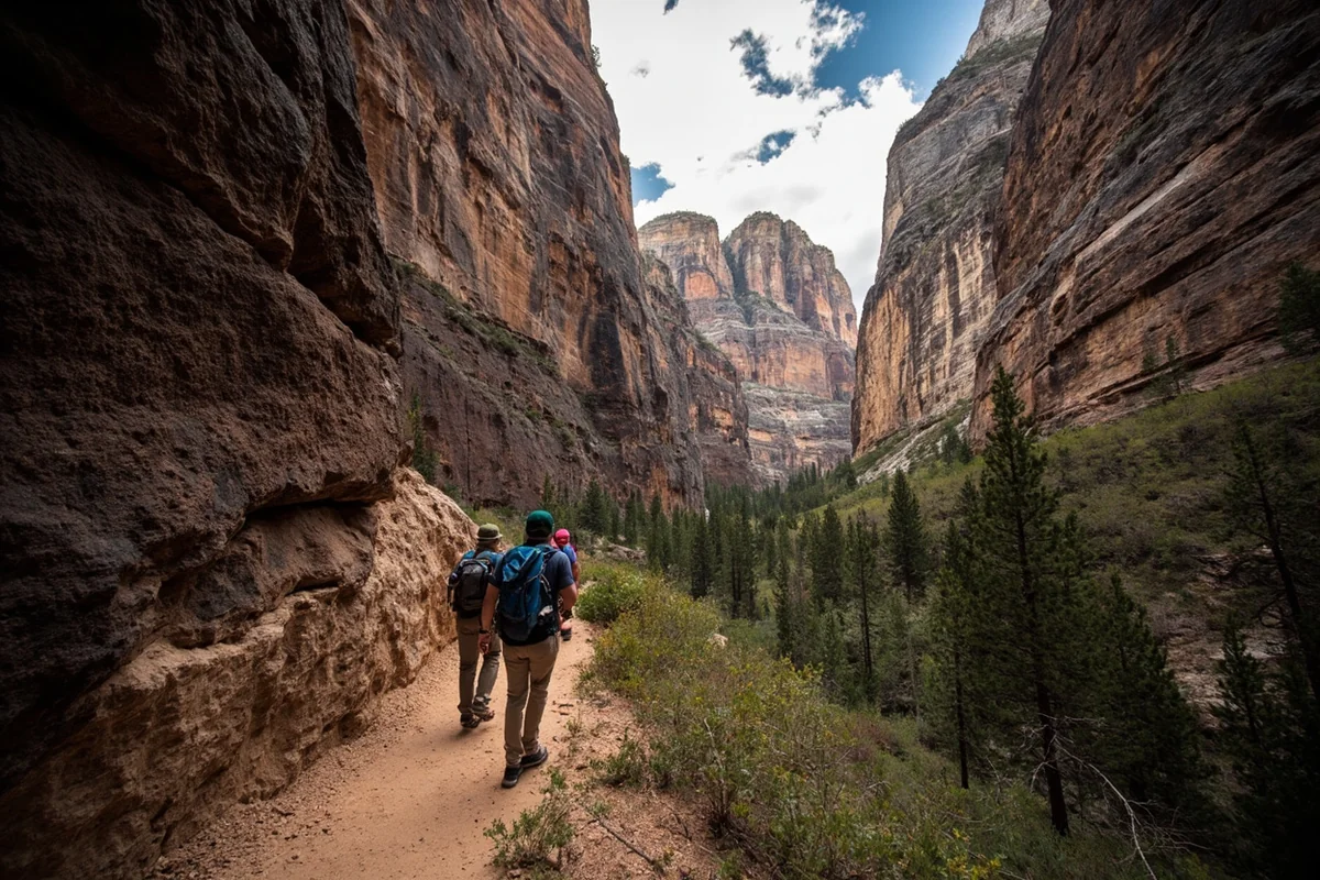 Hikers on the trail into Blodgett Canyon with towering granite walls on either side