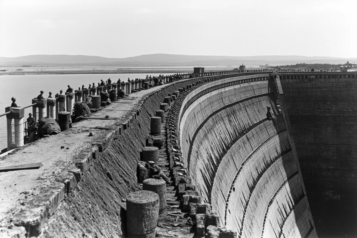 Historic black and white photo of Fort Peck Dam construction during the New Deal era, workers visible on the structure