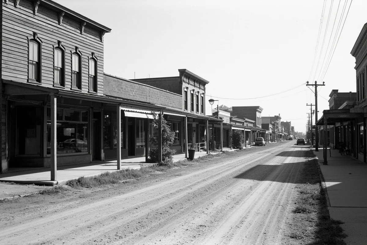 Historic black and white photograph of early Winnett, Montana, showing a main street with wooden storefronts and dirt road