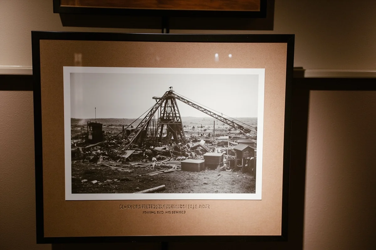 Historic black and white photograph of Roundup, Montana coal mining operations in the early 1900s, displayed in local museum