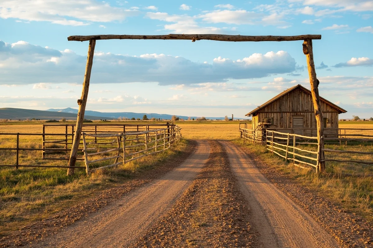 Historic cattle ranch with wooden corrals along the Powder River, Broadus area