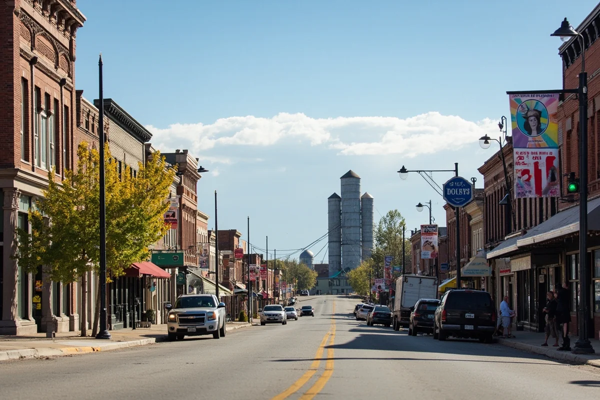 Historic Chester Montana main street with grain elevators visible against the sky