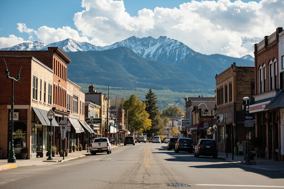 Historic downtown Big Timber, Montana with vintage storefronts and the Crazy Mountains in the distance