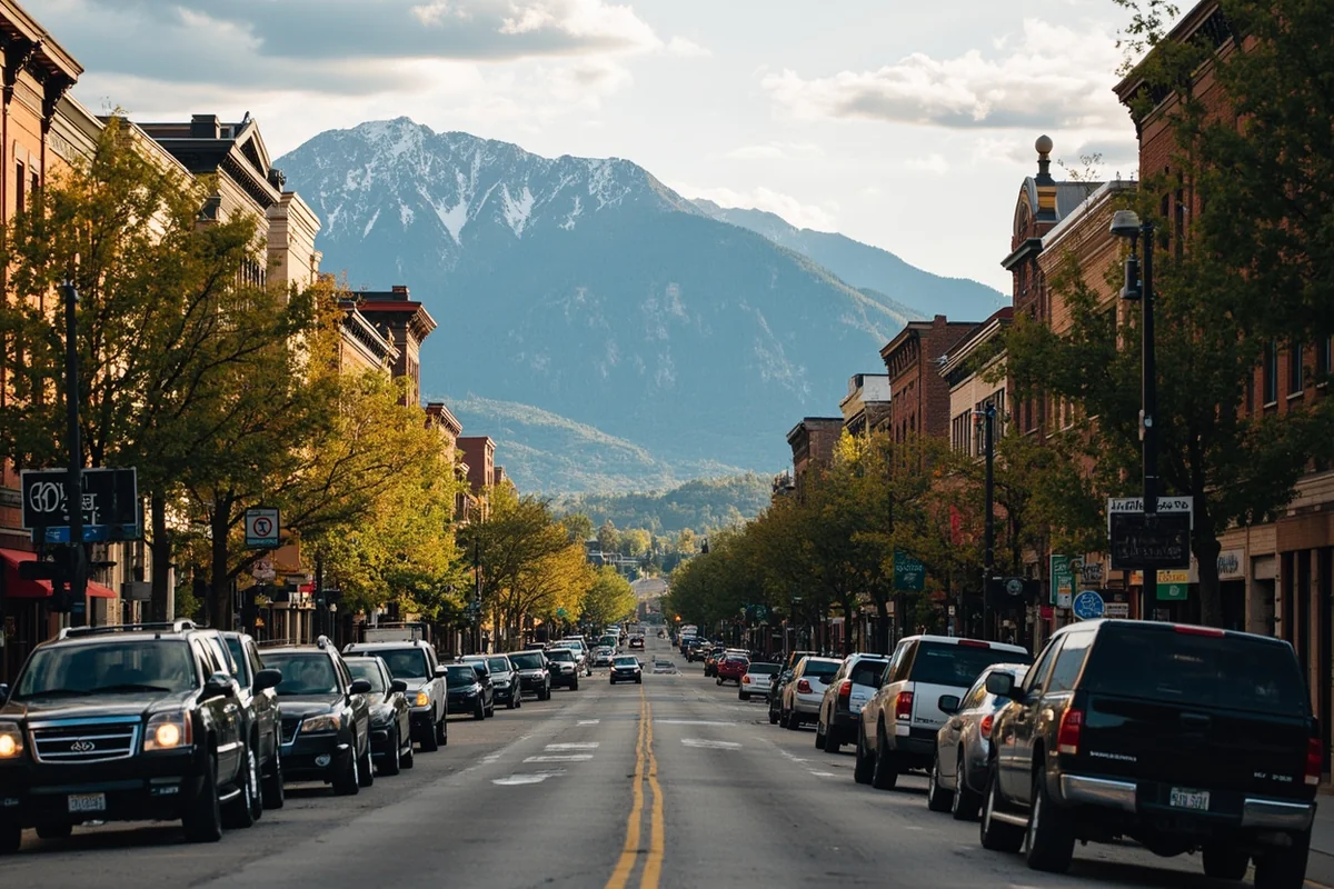 Historic downtown Bozeman main street with mountain backdrop