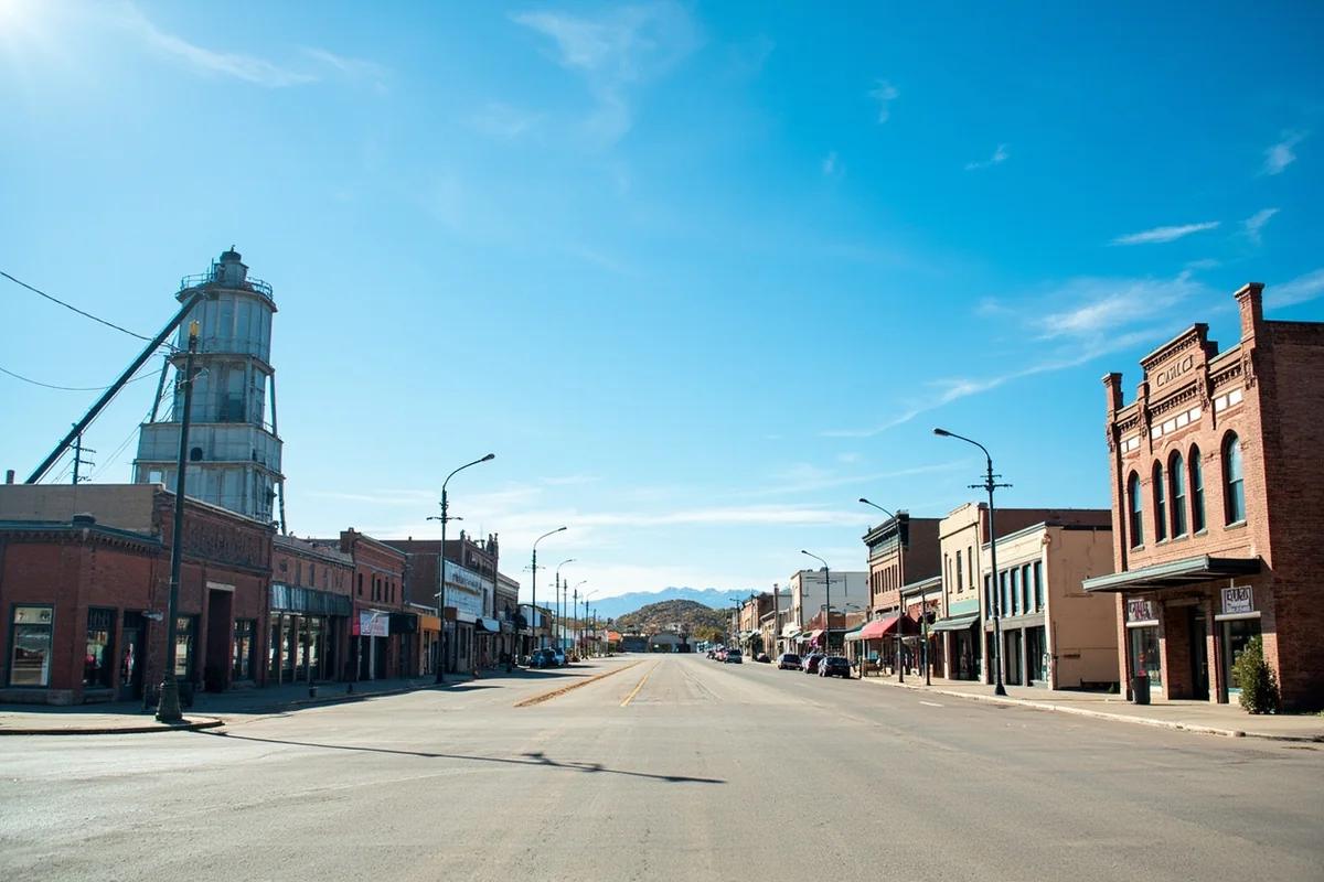 Historic downtown Circle, Montana, with grain elevator, classic storefronts, and wide empty main street under a big blue sky