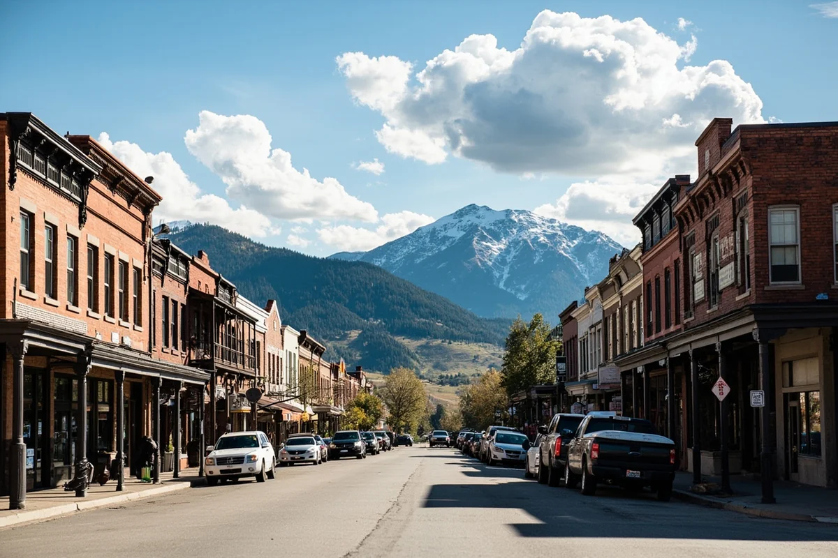 Historic downtown Livingston, Montana with brick storefronts and mountains