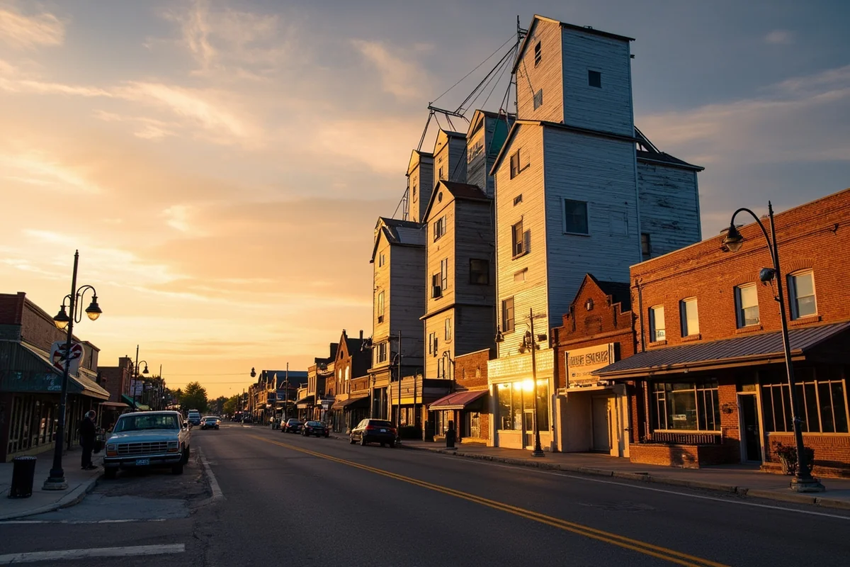 Historic grain elevators along the main street of Stanford, Montana at golden hour