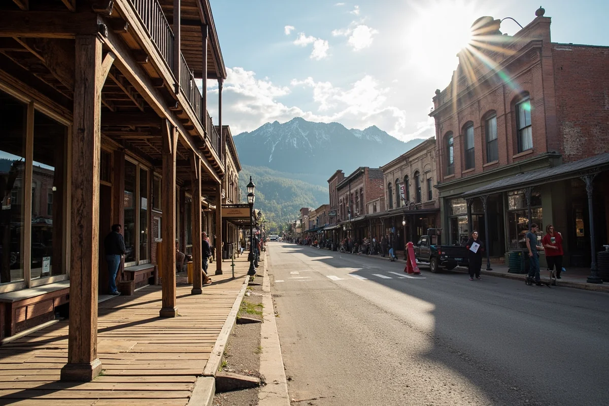Historic main street of Virginia City, Montana, showing original 1860s storefronts and boardwalks