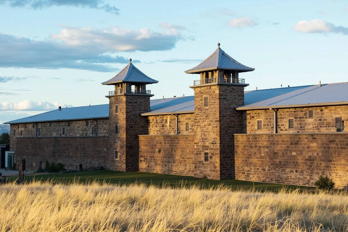 Historic Montana Territorial Prison exterior wall with guard towers, Deer Lodge