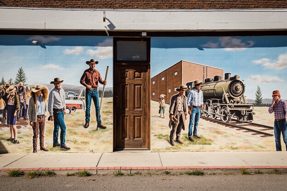 Historic murals on a building exterior in Hysham, Montana, depicting early homesteader and railroad history of Treasure County