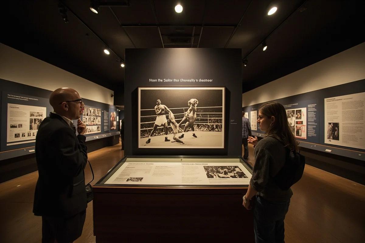 Historical black-and-white photo display inside the Shelby museum featuring the 1923 Dempsey-Gibbons World Heavyweight Championship boxing match