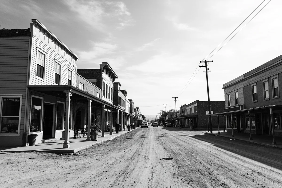 Historical black and white photograph of Terry, Montana in the early 1900s homestead era, with storefronts and dirt main street