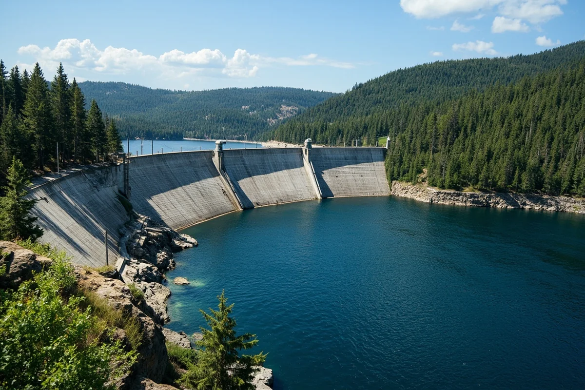Hungry Horse Dam with reservoir waters and surrounding forest landscape