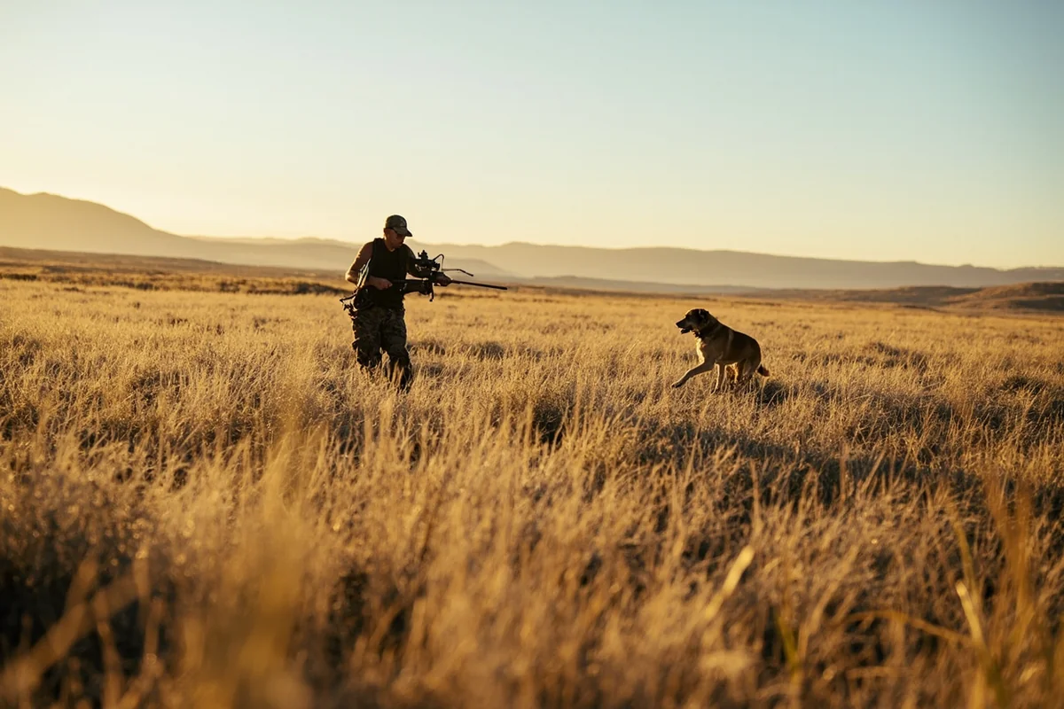 Hunter and pointing dog working through sagebrush grasslands in Petroleum County, Montana, with wide open prairie stretching to distant hills