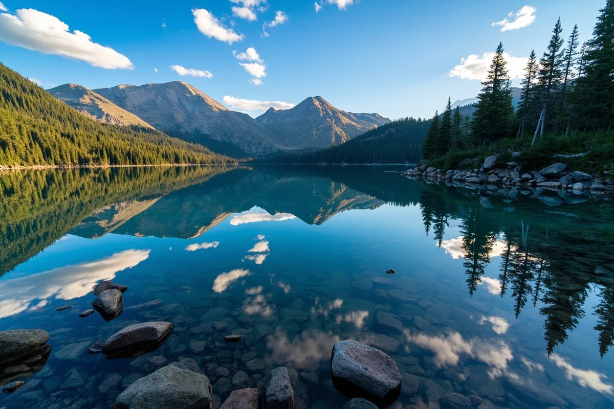 Hyalite Reservoir with mountain reflections and forest surrounding