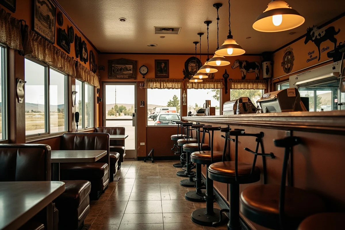 Interior of a classic Montana small-town diner in Wibaux, with counter seating and ranch memorabilia on the walls