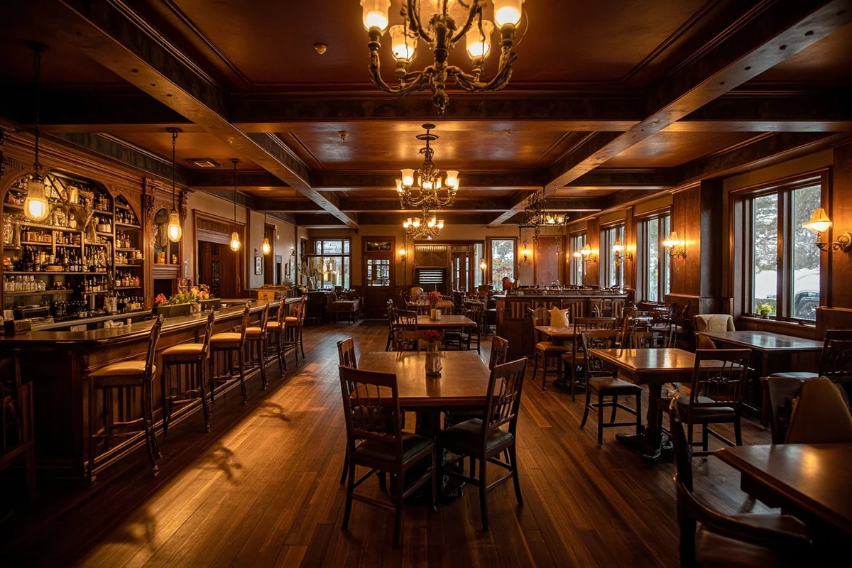 Interior of the Grand Hotel in Big Timber, Montana showing the historic bar and dining room