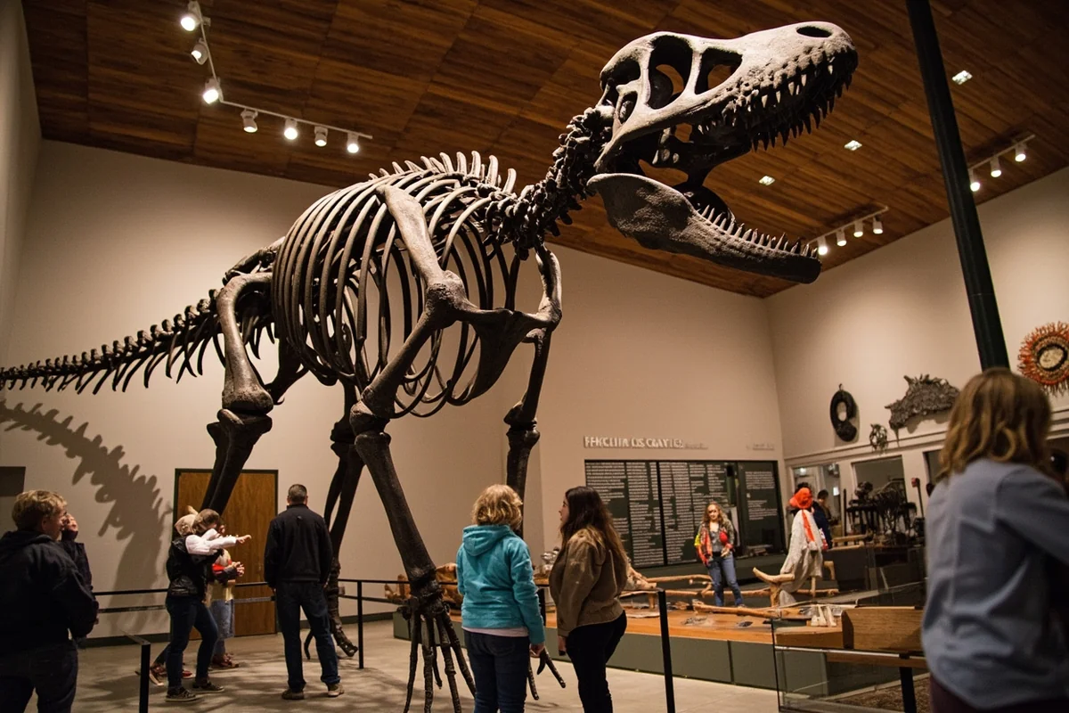 Interior of the Phillips County Museum in Malta, Montana, showing the Brachylophosaurus dinosaur exhibit with visitors looking at the skeleton