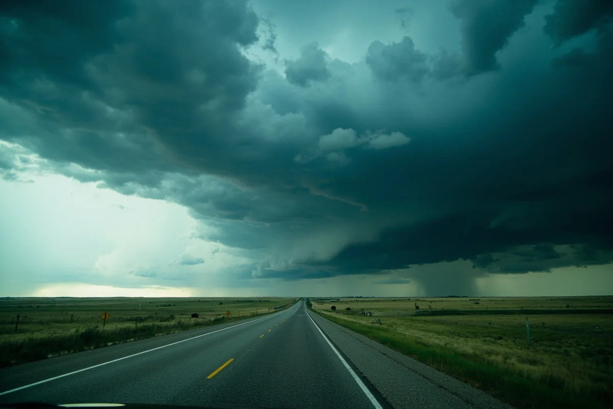Interstate 94 stretching east toward Forsyth under an enormous Montana thunderstorm sky