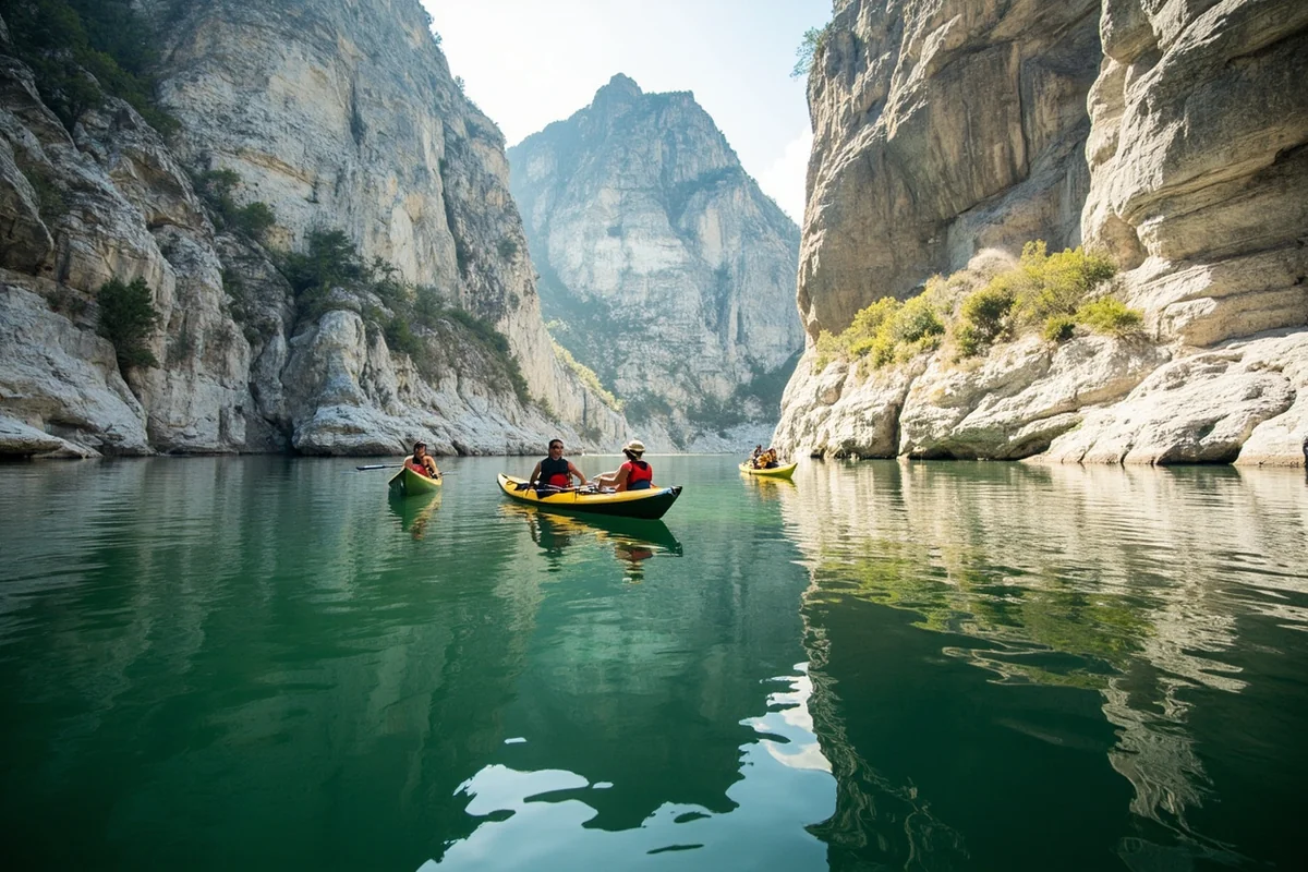 Kayakers floating through the Smith River limestone canyon, with towering white cliffs reflected in the calm green water