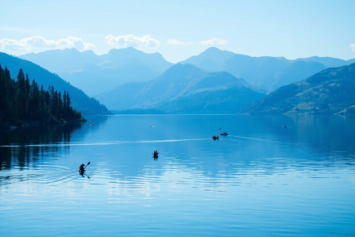 Kayakers on the calm blue surface of Flathead Lake with forested hillsides and the Mission Mountains reflected in the water