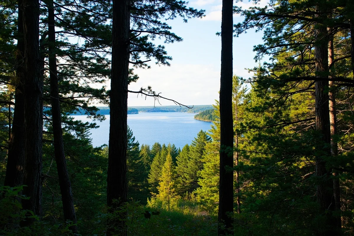 Lake Koocanusa Scenic Byway with reservoir visible through pine trees on a summer afternoon