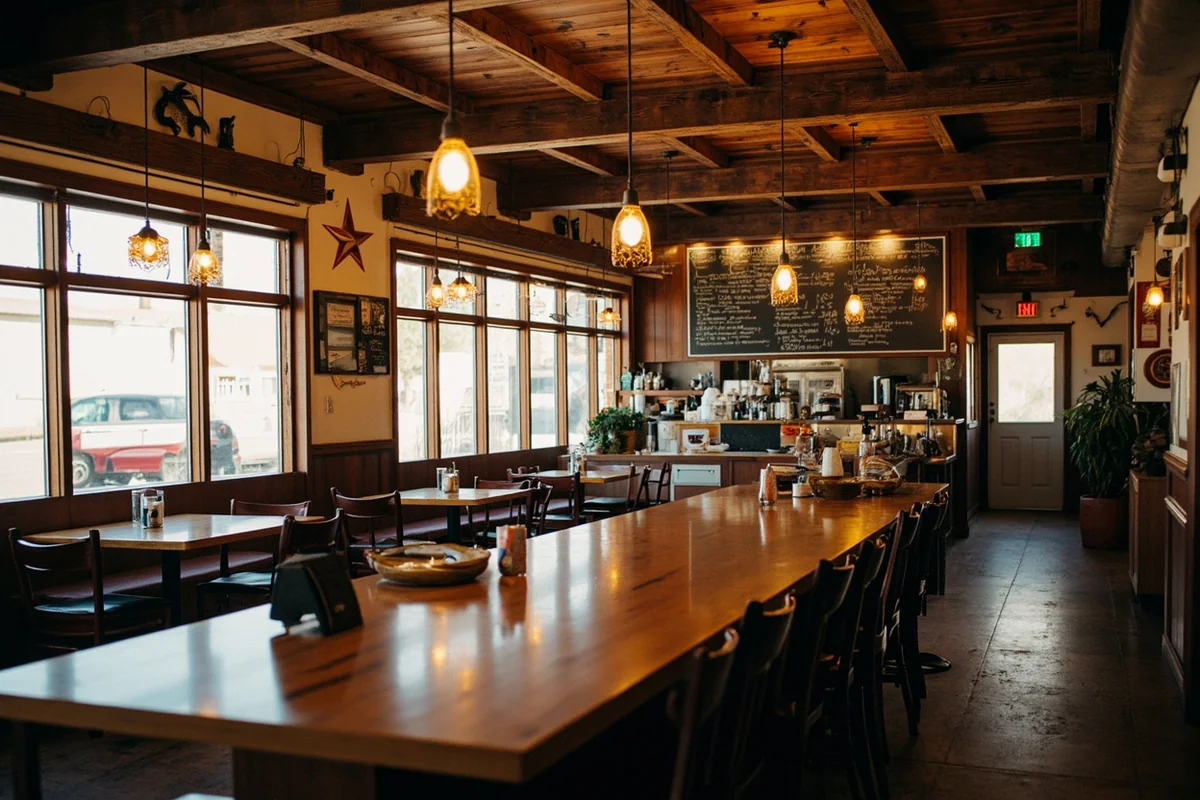Local diner counter in Columbus, Montana with classic Montana ranch-style decor and a chalkboard menu