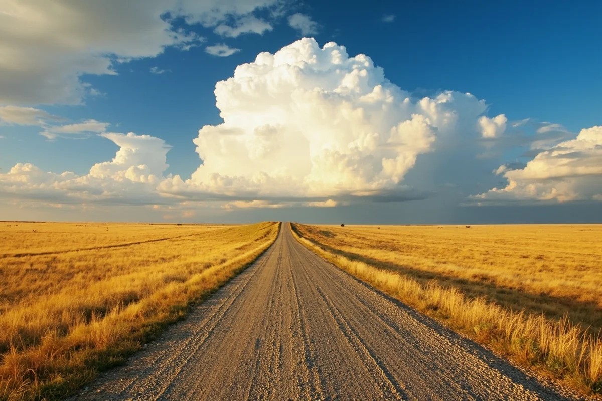 Long straight gravel road through golden prairie grassland in Musselshell County under dramatic cloud formation
