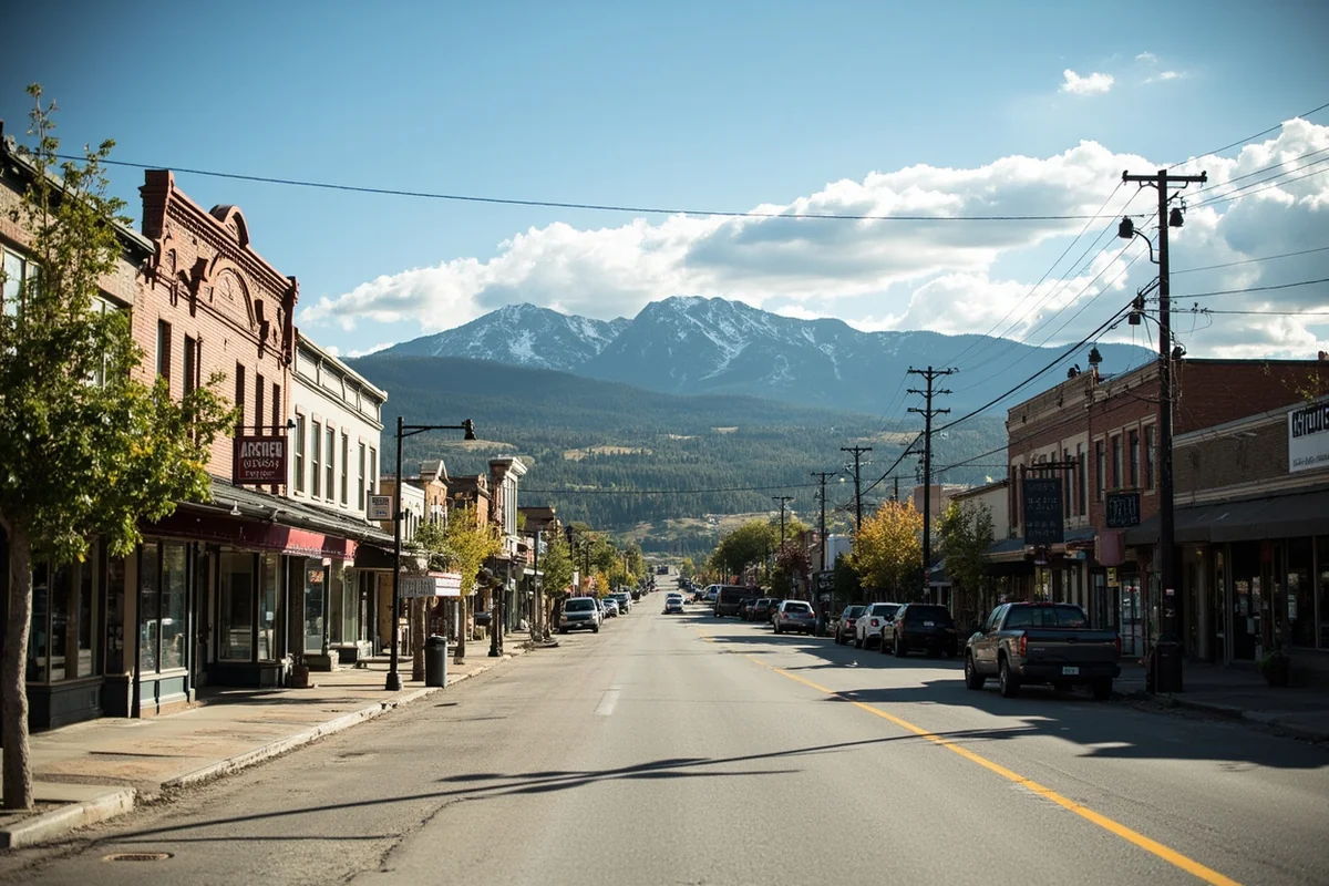 Main Street Choteau on a sunny day showing small-town storefronts and the mountain backdrop in the distance