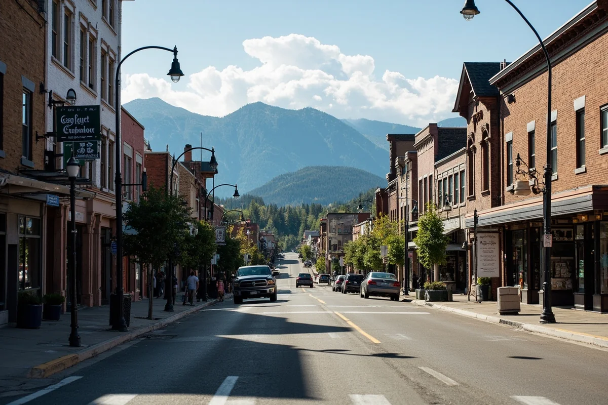Main Street Deer Lodge with historic buildings and mountain view in background