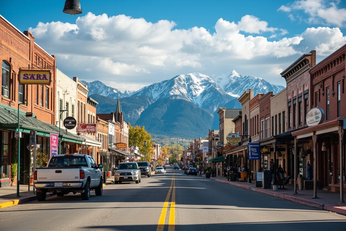 Main Street in Ennis, Montana with classic western storefronts and mountains visible in the background