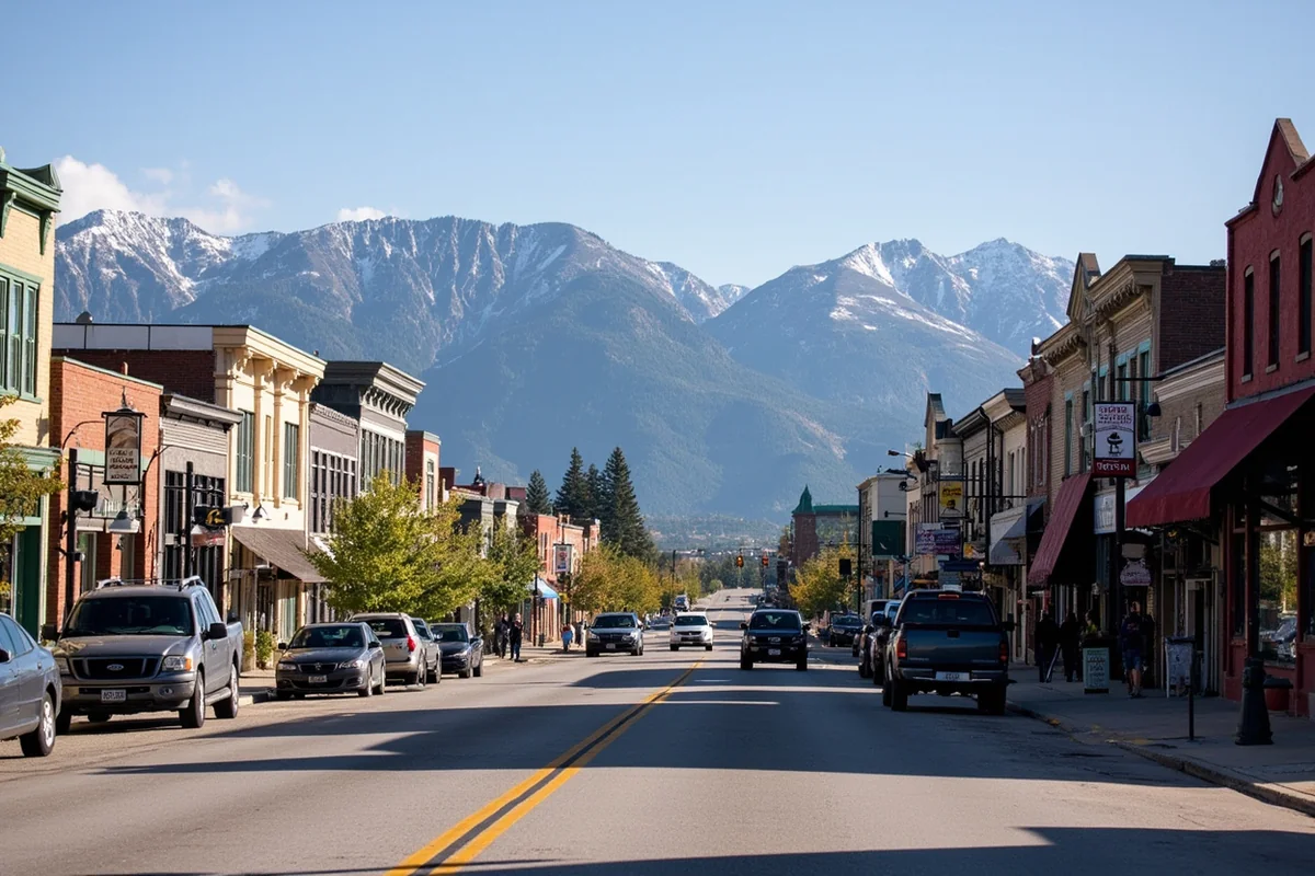 Main Street in White Sulphur Springs, Montana, showing small-town storefronts and the Castle Mountains in the background