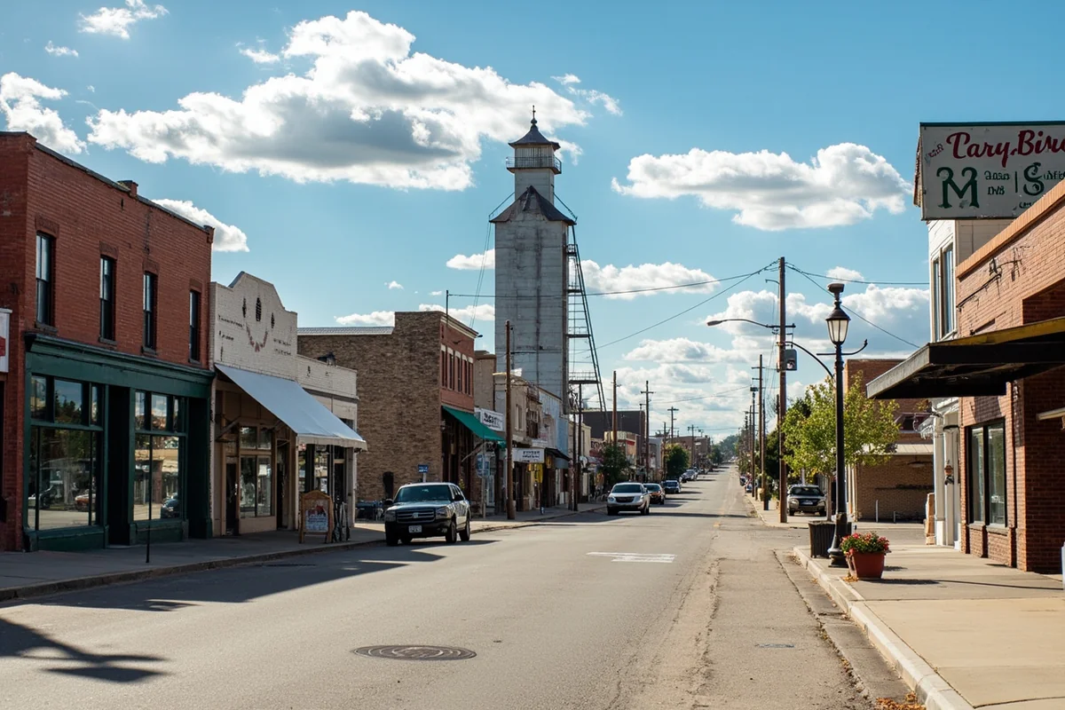 Main street of Harlowton, Montana, showing historic storefronts and the grain elevator in the background on a sunny day