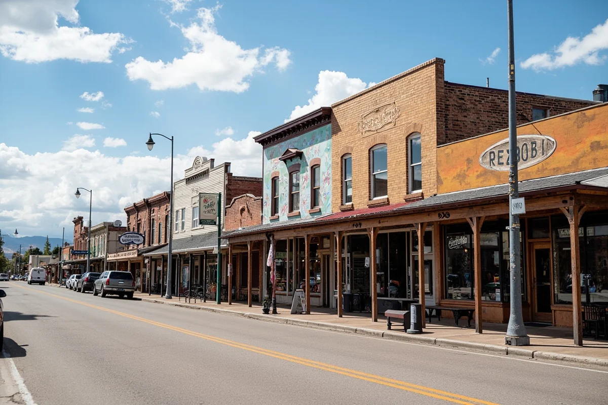 Main Street of Shelby, Montana, showing downtown buildings with historical murals painted on exterior walls, small-town western atmosphere