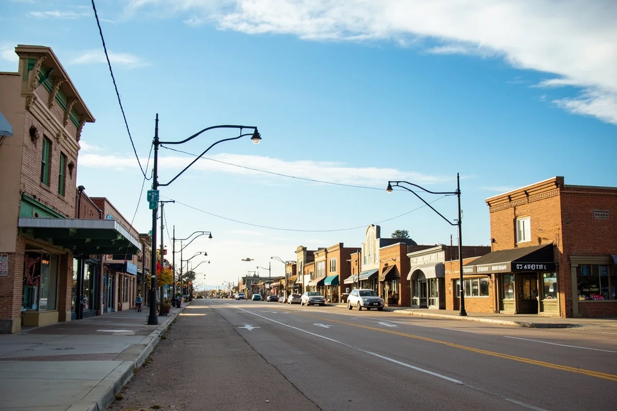 Main street of Winnett, Montana, showing quiet storefronts, wide road, and big sky horizon